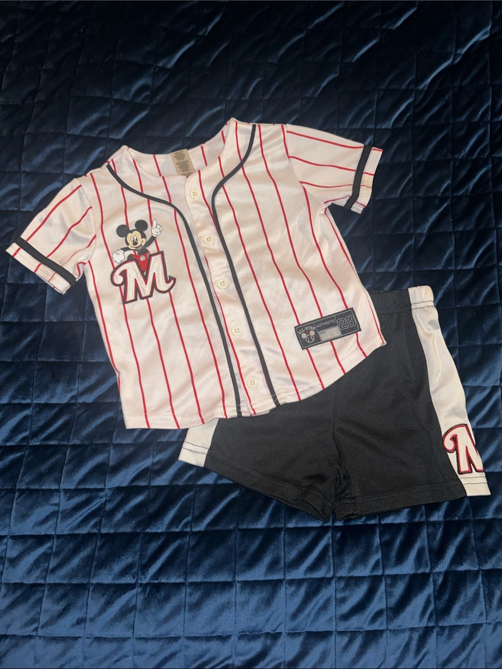 Disney Mickey Mouse White Red Pinstripe Baseball Jersey Set